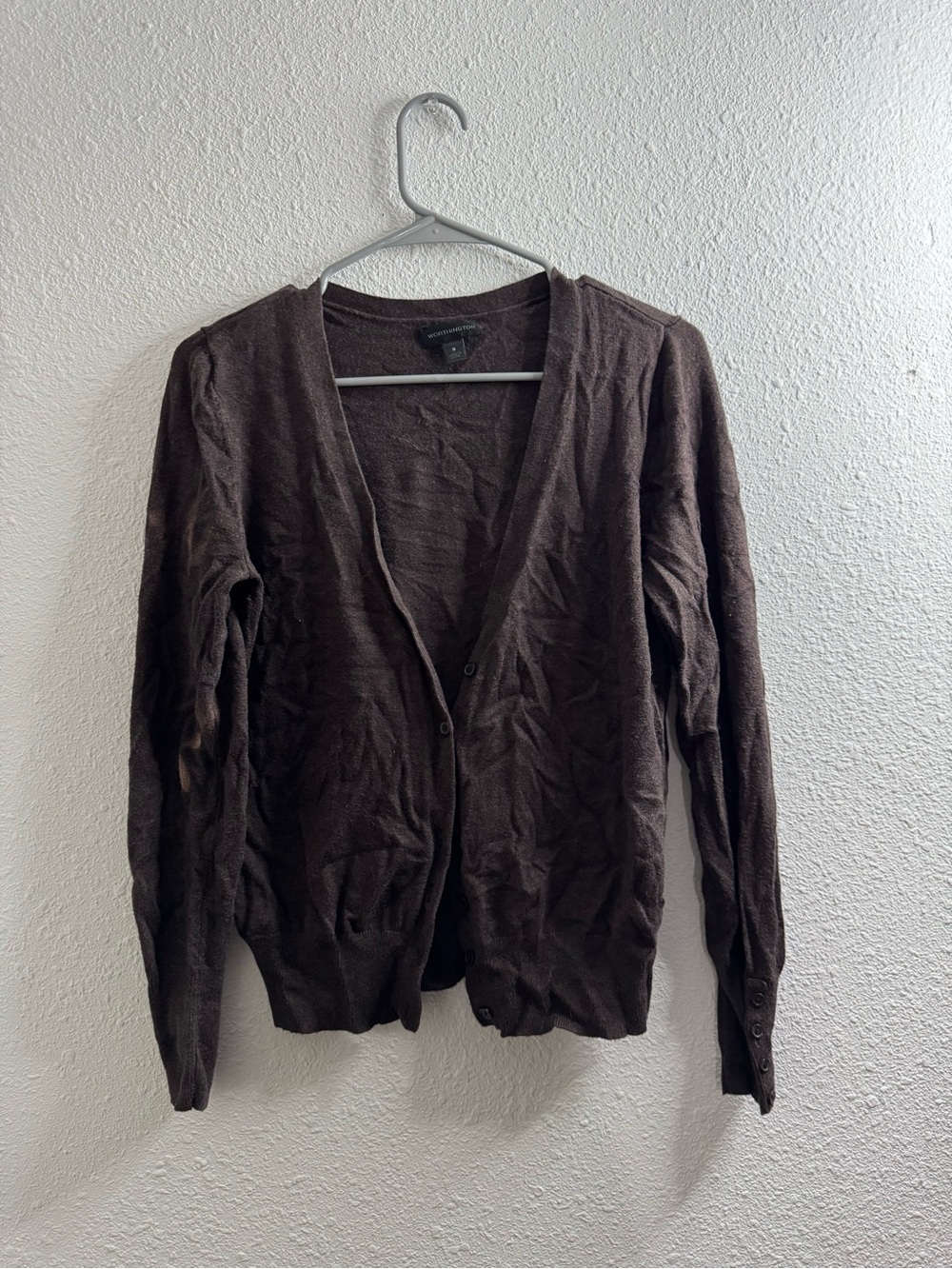 Worthington women's Dark Brown V-Neck Cardigan Sweater - stain